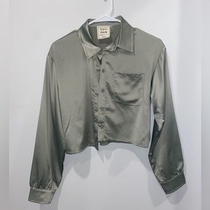 Green silk button down top